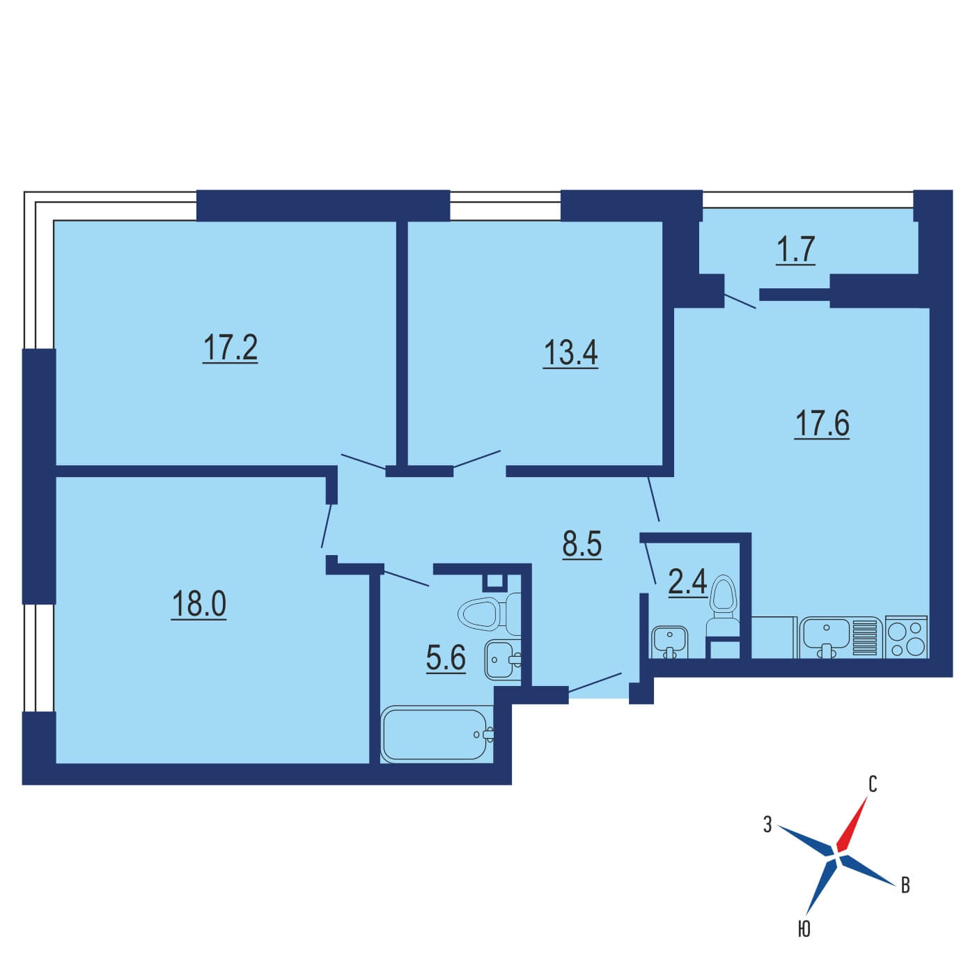 Планировка 3х комнатной квартиры 87.27м² на 2 этаже в ЖК Лучи