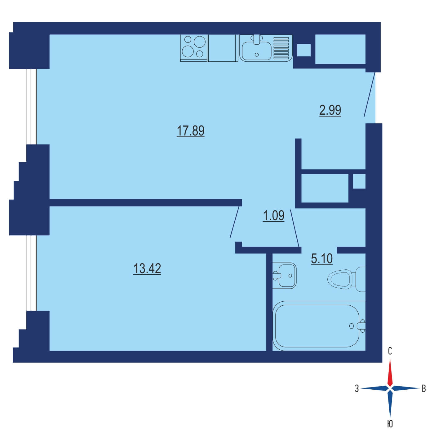 Планировка 1х комнатной квартиры 37.00м² на 18 этаже в ЖК Метрополия
