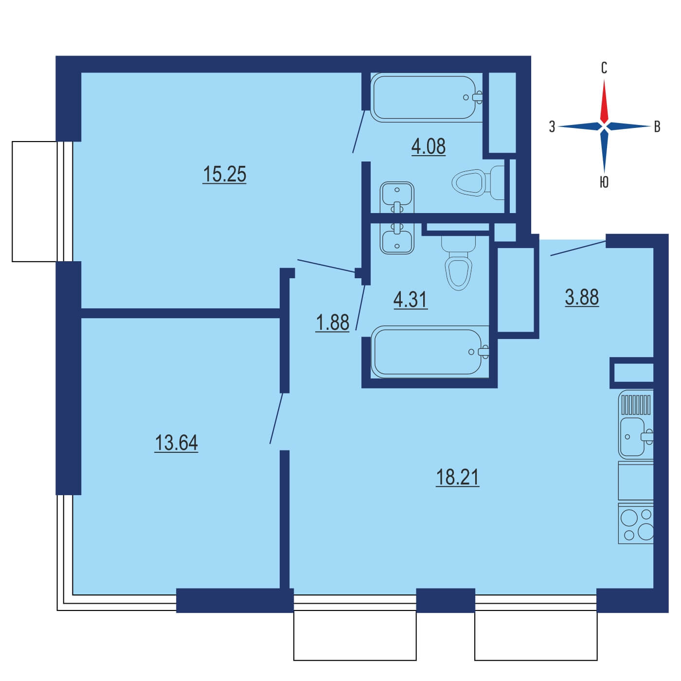 Планировка 2х комнатной квартиры 63.00м² на 15 этаже в ЖК Метрополия