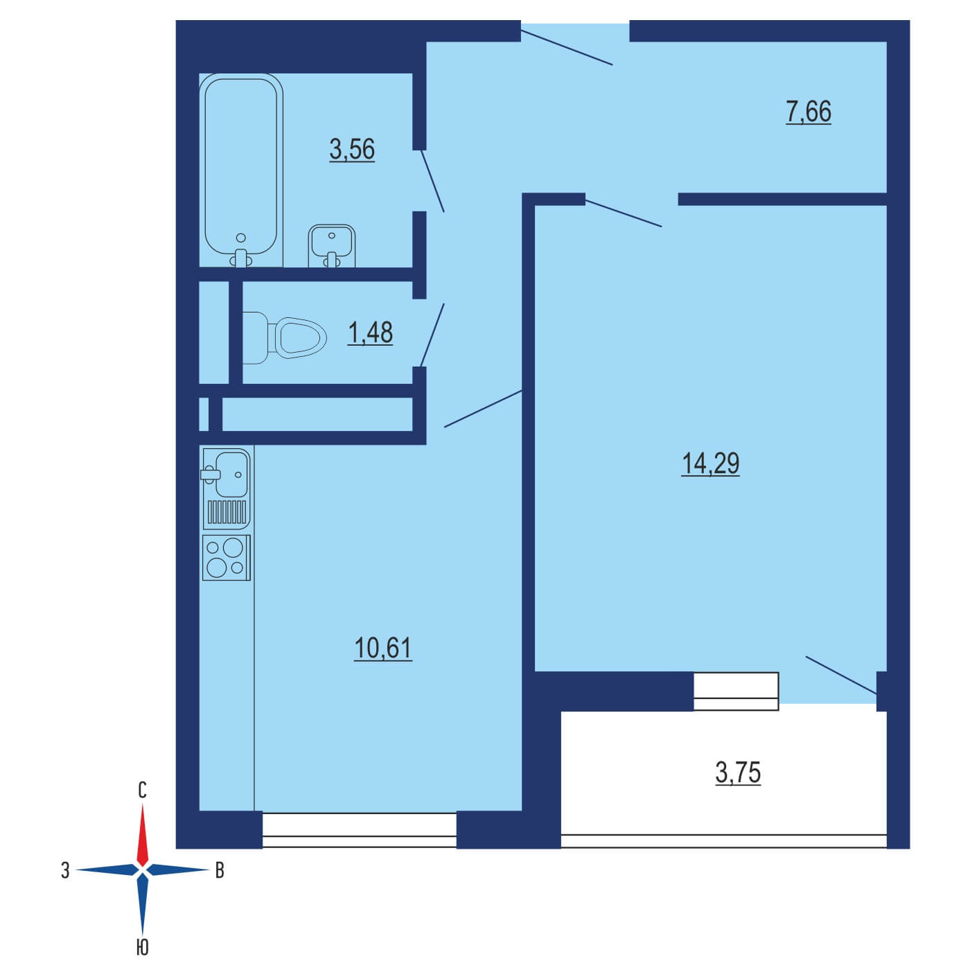 Планировка 1х комнатной квартиры 39.34м² на 12 этаже в ЖК Михайлова 31