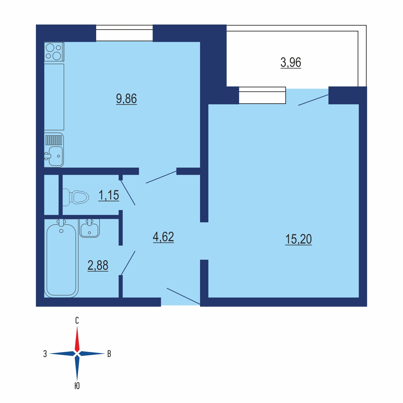 Планировка 1х комнатной квартиры 35.10м² на 9 этаже в ЖК Миловидное