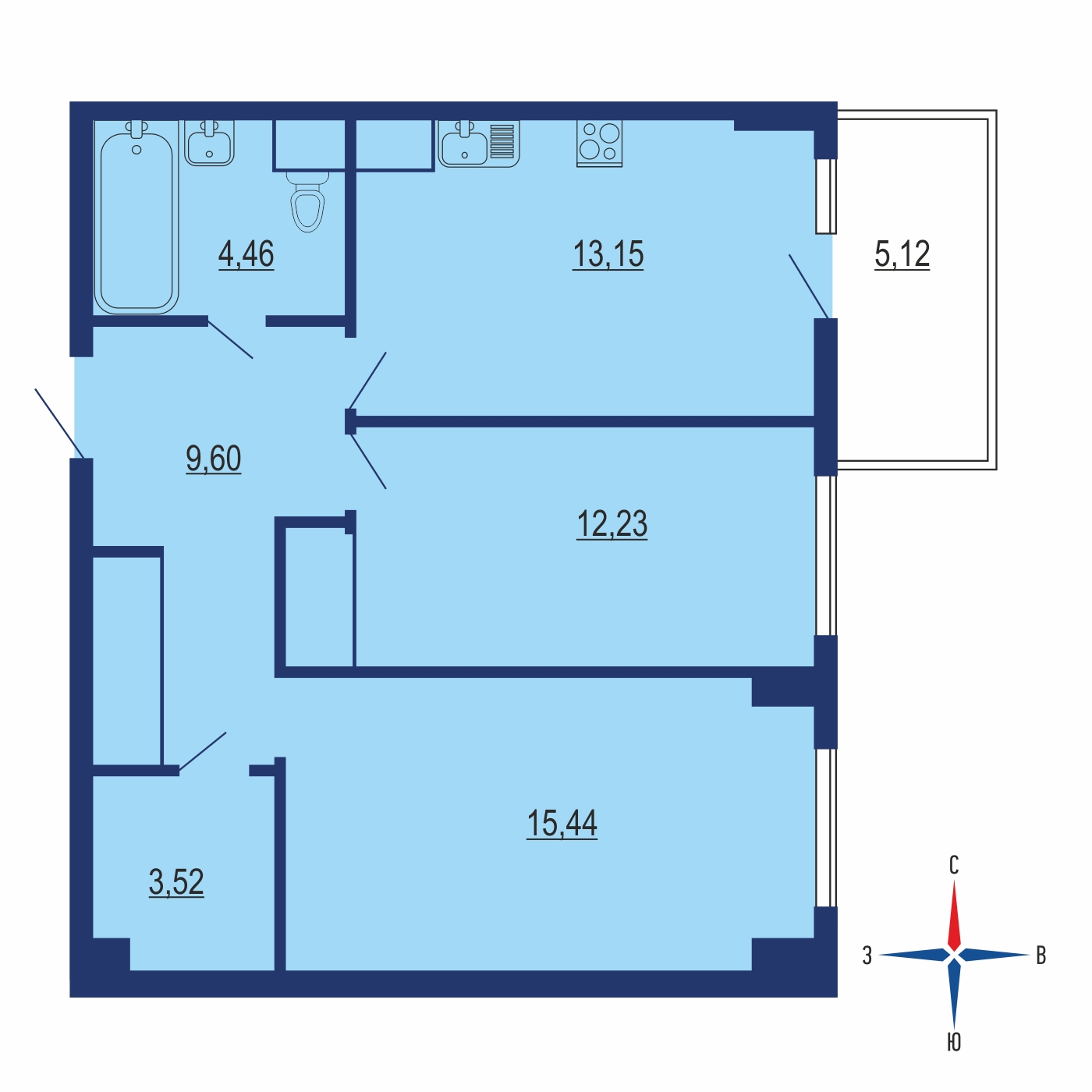 Планировка 3х комнатной квартиры 60.70м² на 2 этаже в ЖК Миловидное