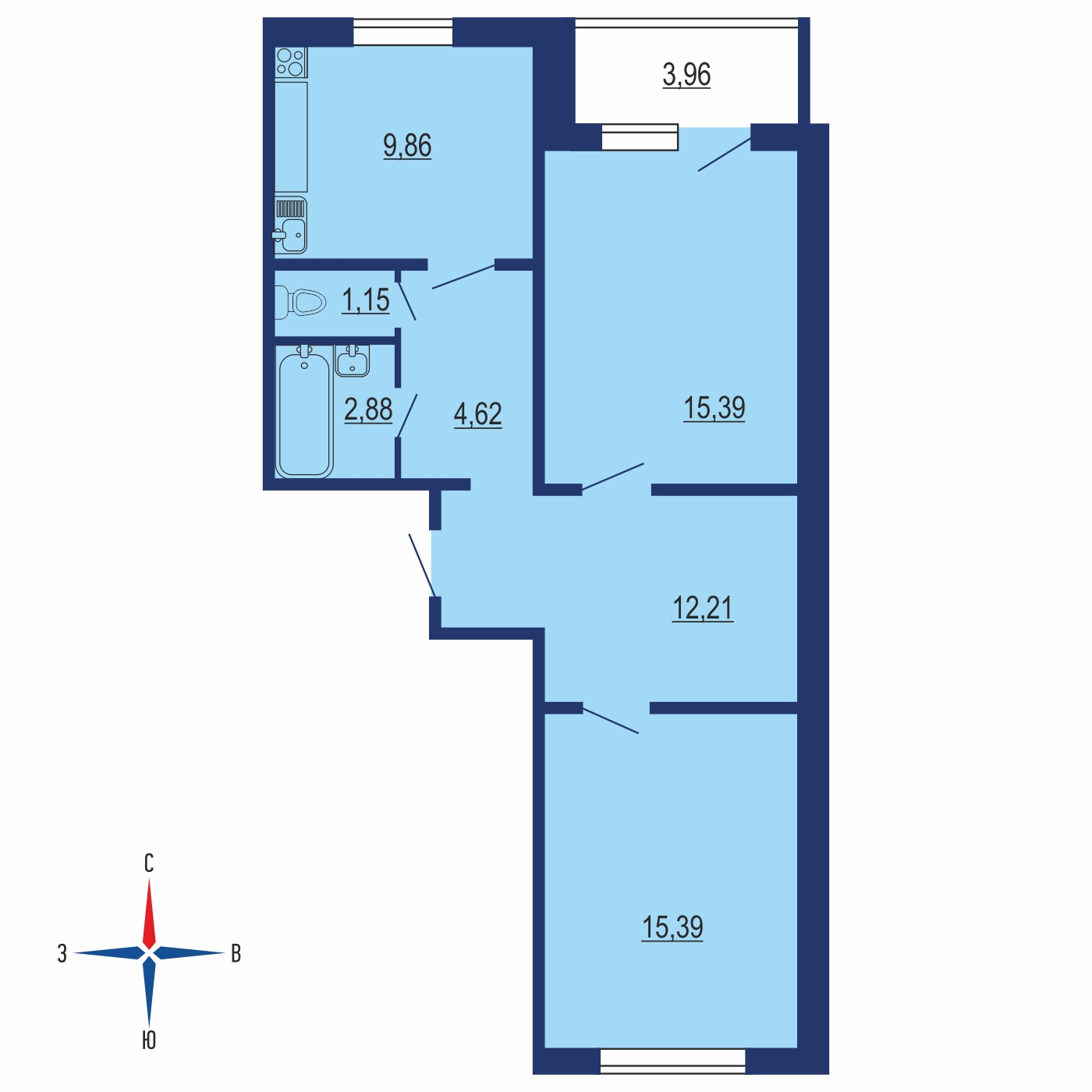 Планировка 3х комнатной квартиры 67.40м² на 2 этаже в ЖК Миловидное