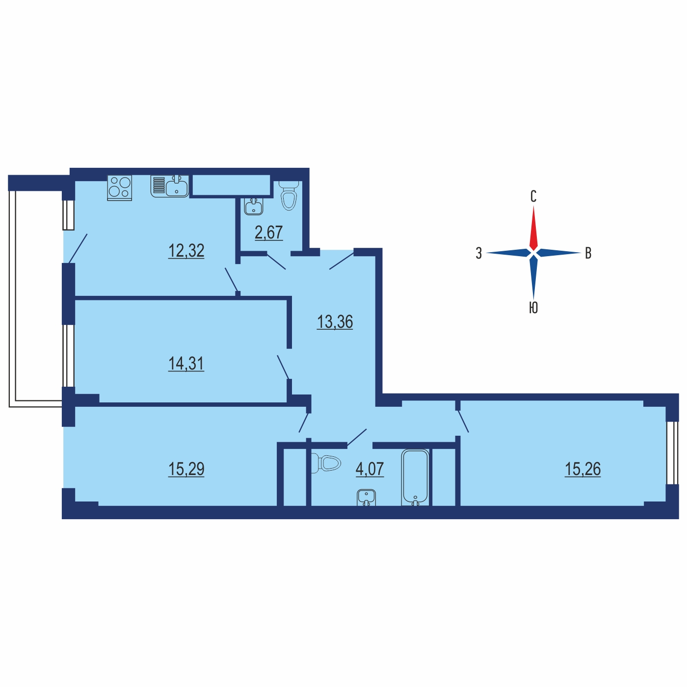 Планировка 4х комнатной квартиры 89.60м² на 5 этаже в ЖК Миловидное