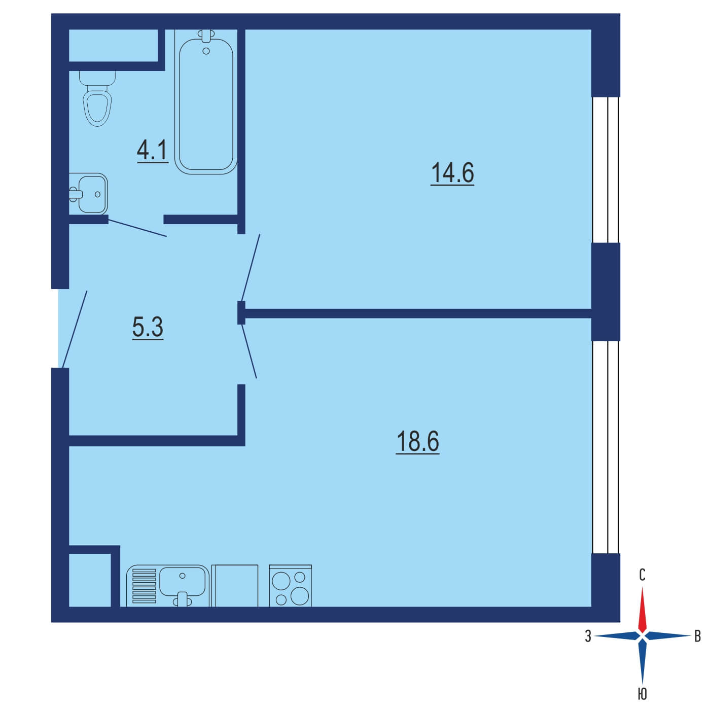 Планировка 1х комнатной квартиры 42.90м² на 13 этаже в ЖК Настоящее (Винницкие кварталы)