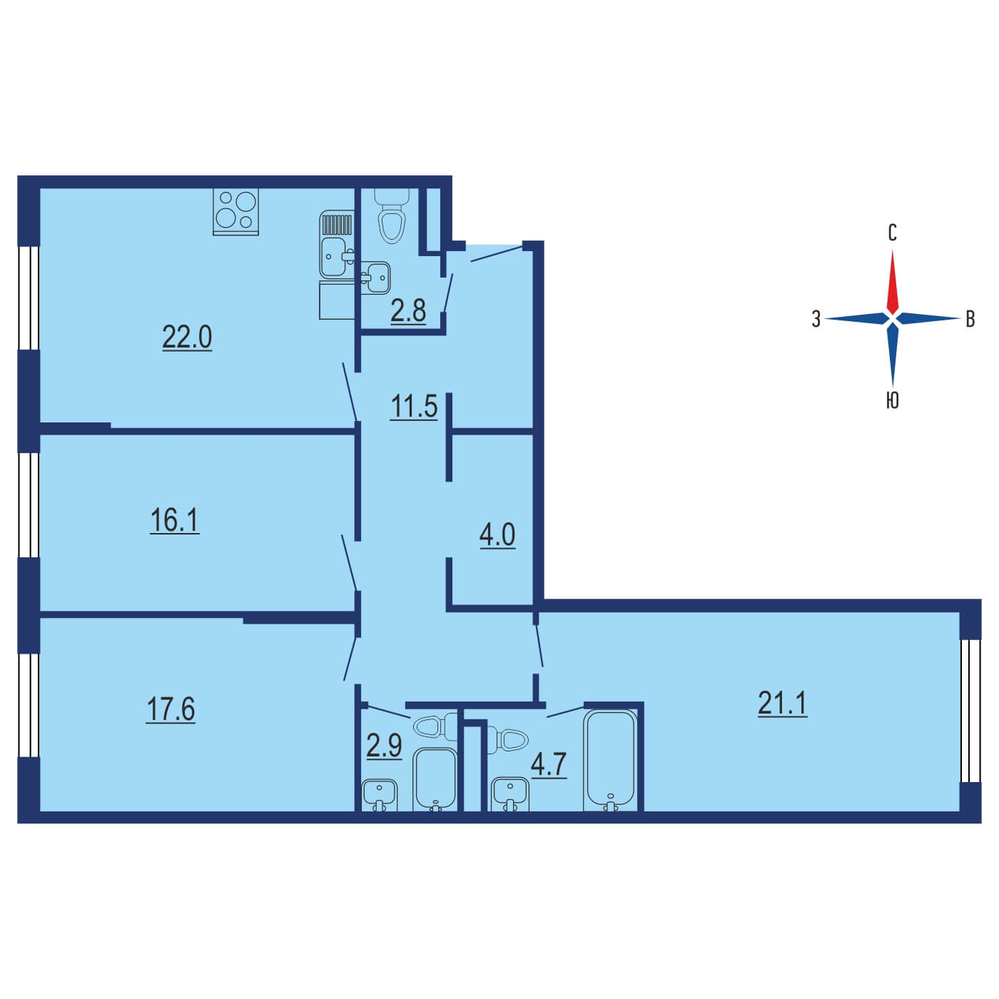 Планировка 3х комнатной квартиры 104.60м² на 11 этаже в ЖК Настоящее (Винницкие кварталы)