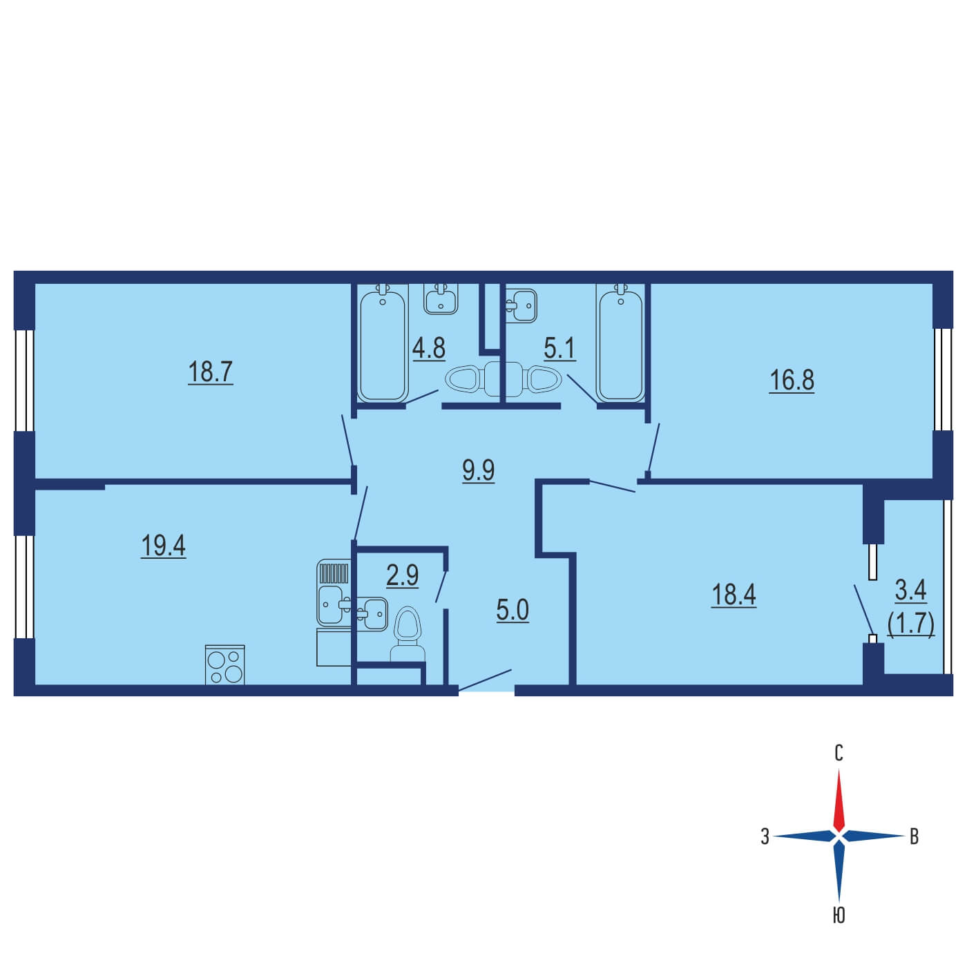 Планировка 3х комнатной квартиры 100.40м² на 8 этаже в ЖК Настоящее (Винницкие кварталы)