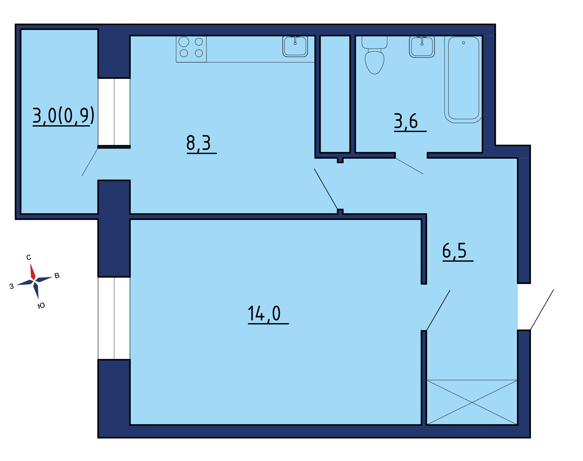 Планировка 2х комнатной квартиры 46.30м² на 25 этаже в ЖК Одинград. Семейный квартал