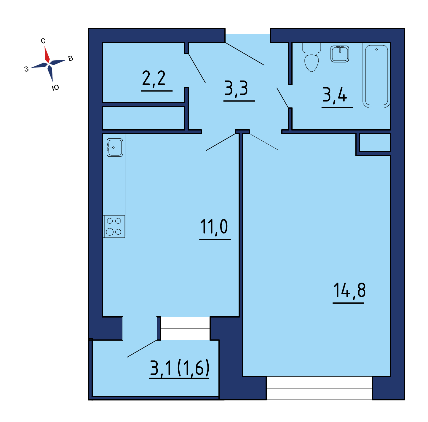 Планировка 1х комнатной квартиры 36.11м² на 2 этаже в ЖК Новое Пушкино