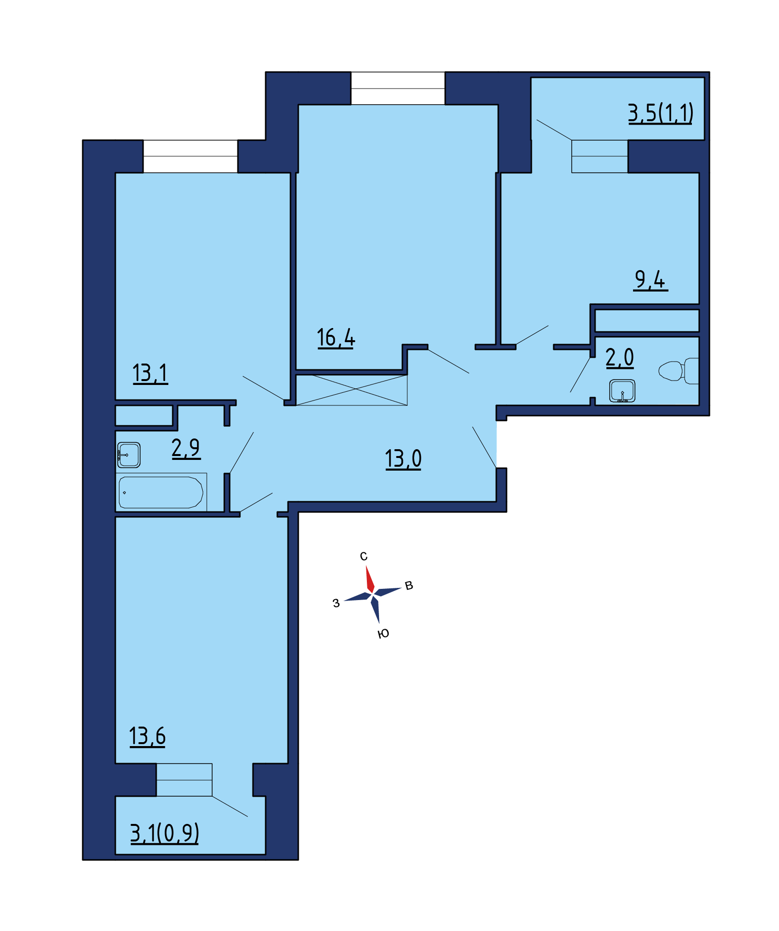 Планировка 1х комнатной квартиры 39.10м² на 25 этаже в ЖК Одинград. Семейный квартал