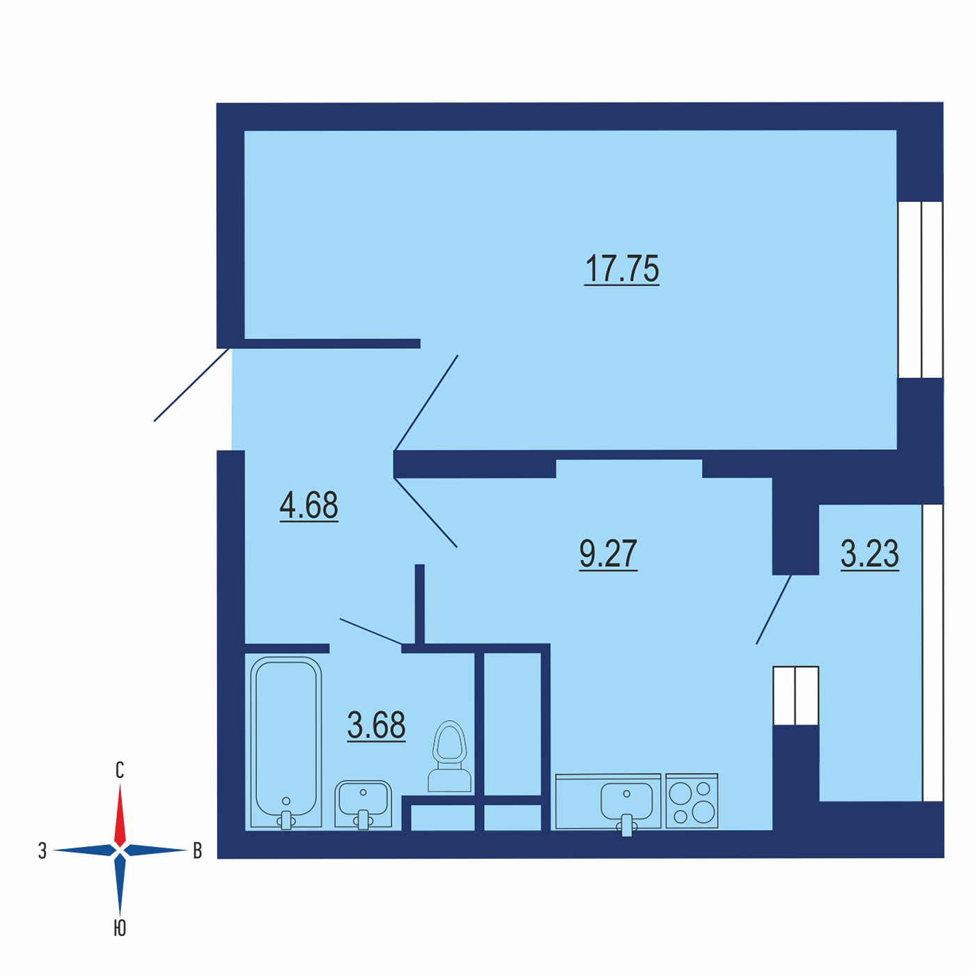 Планировка 1х комнатной квартиры 37.01м² на 12 этаже в ЖК Новое Медведково