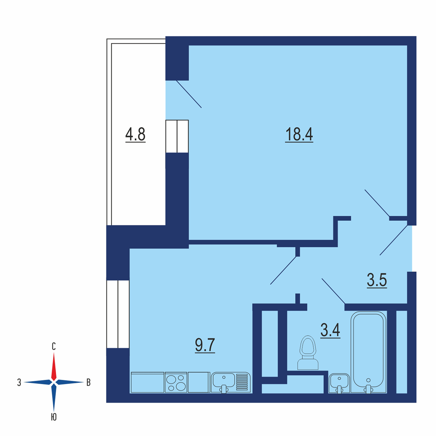 Планировка 1х комнатной квартиры 37.40м² на 17 этаже в ЖК Новое Медведково