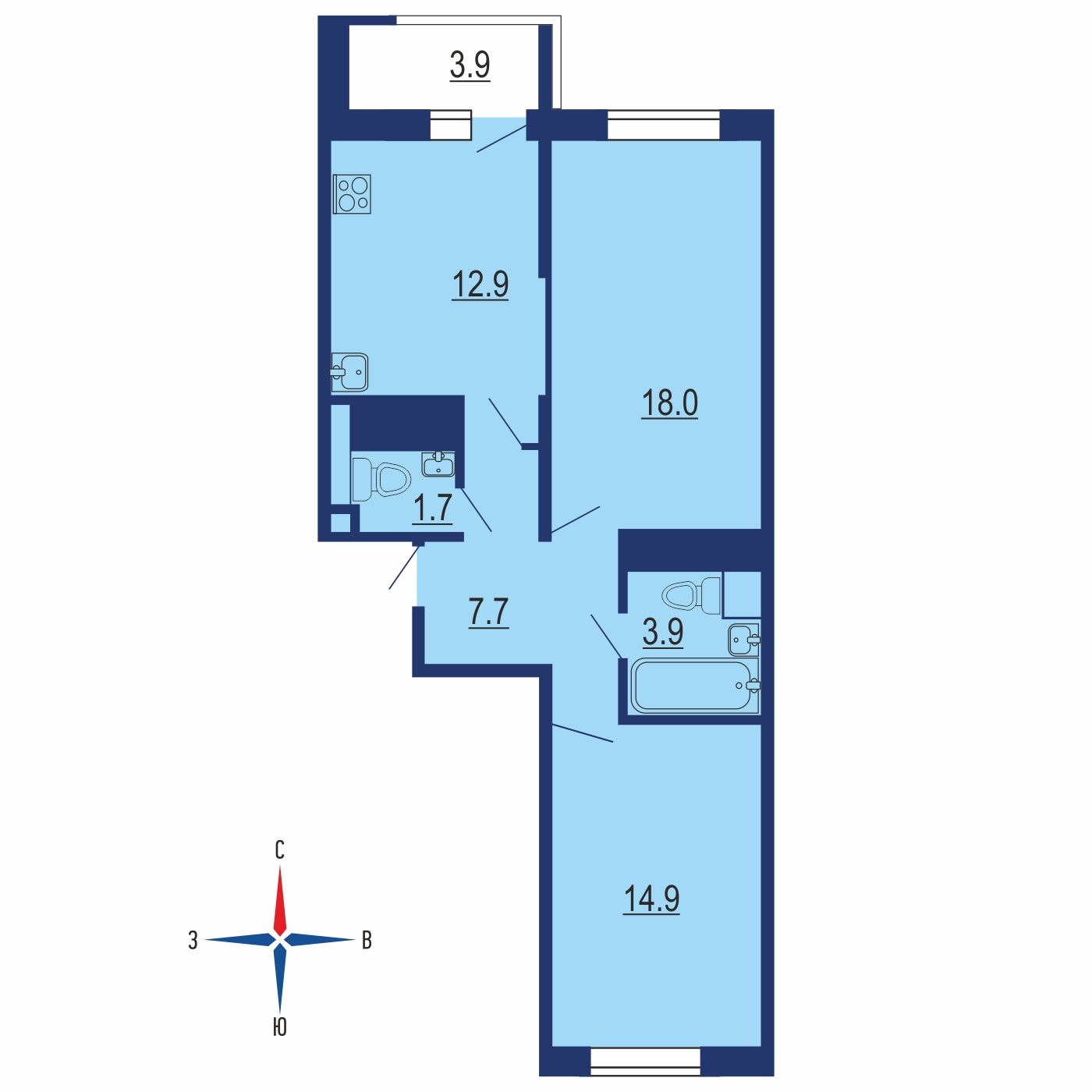 Планировка 2х комнатной квартиры 61.10м² на 16 этаже в ЖК Новое Медведково
