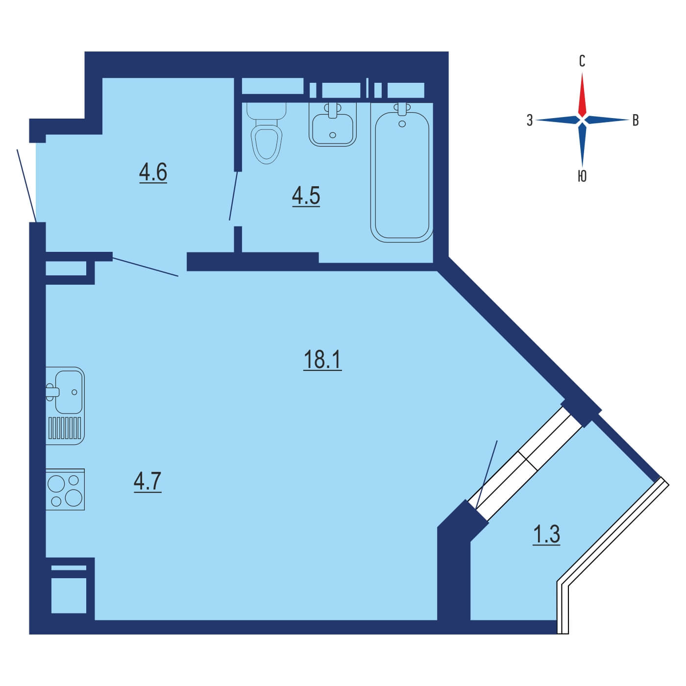 Планировка 1х комнатной квартиры 32.90м² на 5 этаже в ЖК Новоград Павлино