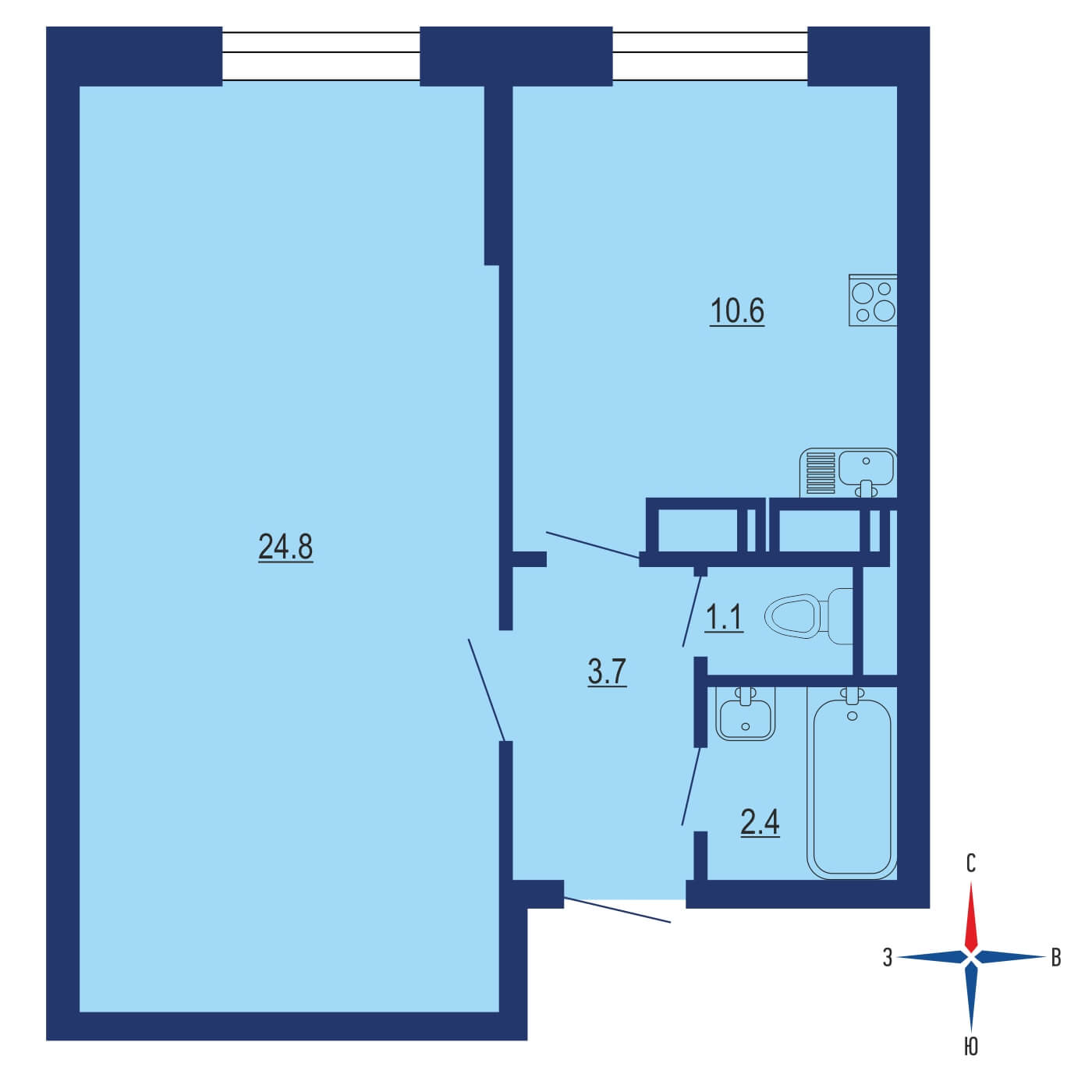 Планировка 1х комнатной квартиры 35.80м² на 5 этаже в ЖК Новоград Павлино