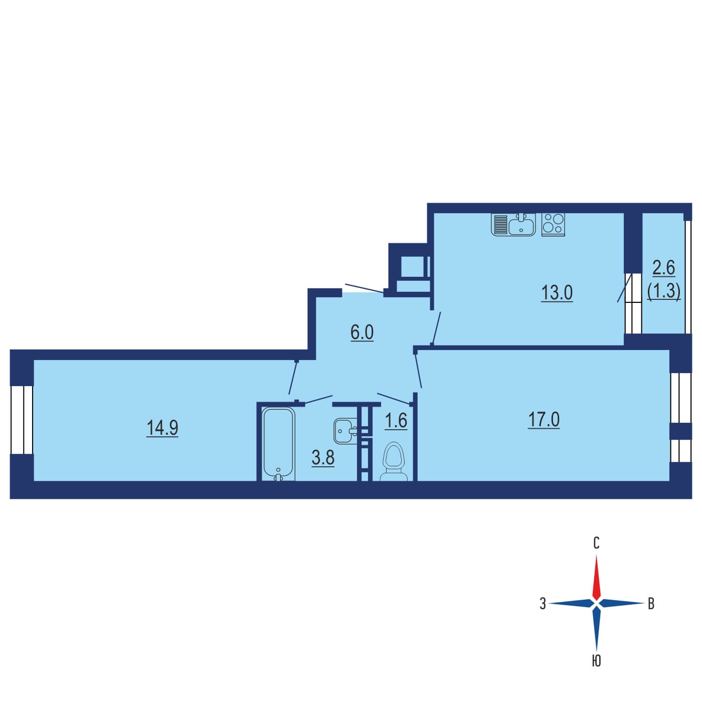 Планировка 2х комнатной квартиры 57.50м² на 17 этаже в ЖК Новоград Павлино
