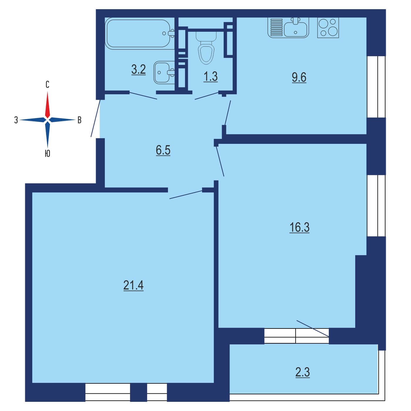 Планировка 2х комнатной квартиры 61.10м² на 4 этаже в ЖК Новоград Павлино