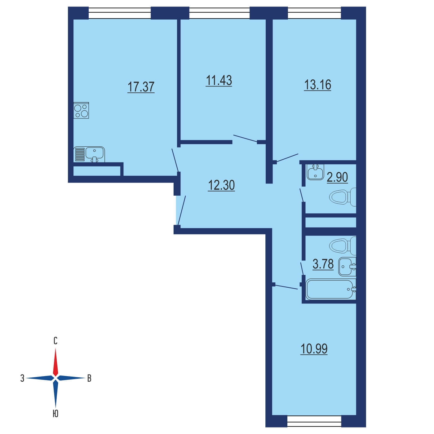 Планировка 4х комнатной квартиры 73.70м² на 15 этаже в ЖК Новоград Павлино