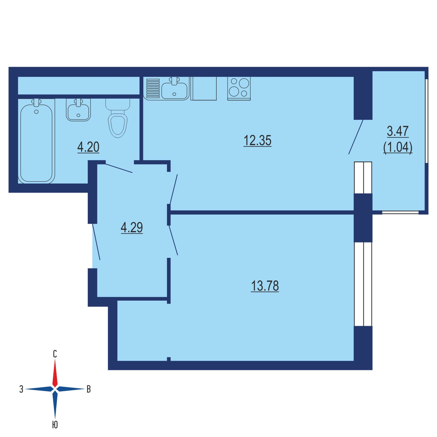 Планировка 1х комнатной квартиры 36.30м² на 24 этаже в ЖК Одинград. Семейный квартал