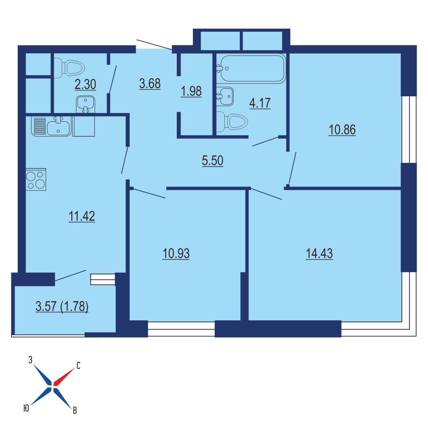 Планировка 3х комнатной квартиры 66.96м² на 23 этаже в ЖК Одинград. Семейный квартал