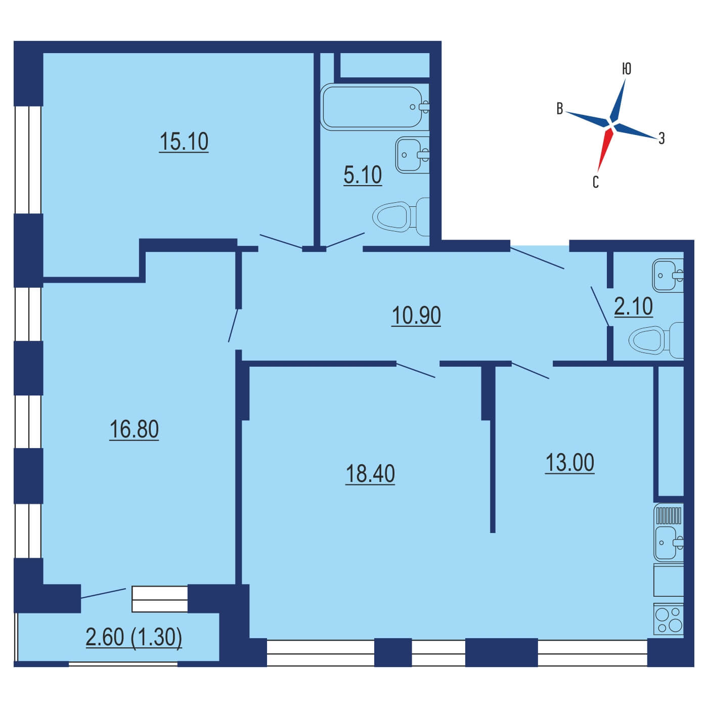 Планировка 3х комнатной квартиры 79.05м² на 2 этаже в ЖК Одинград. Семейный квартал