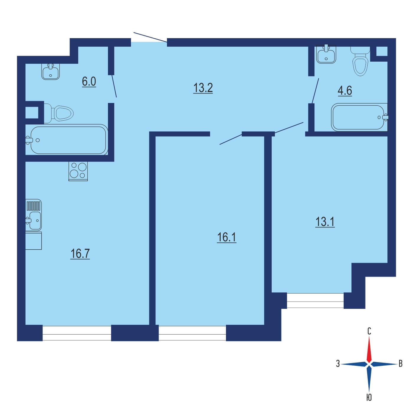 Планировка 2х комнатной квартиры 74.50м² на 19 этаже в ЖК Остров
