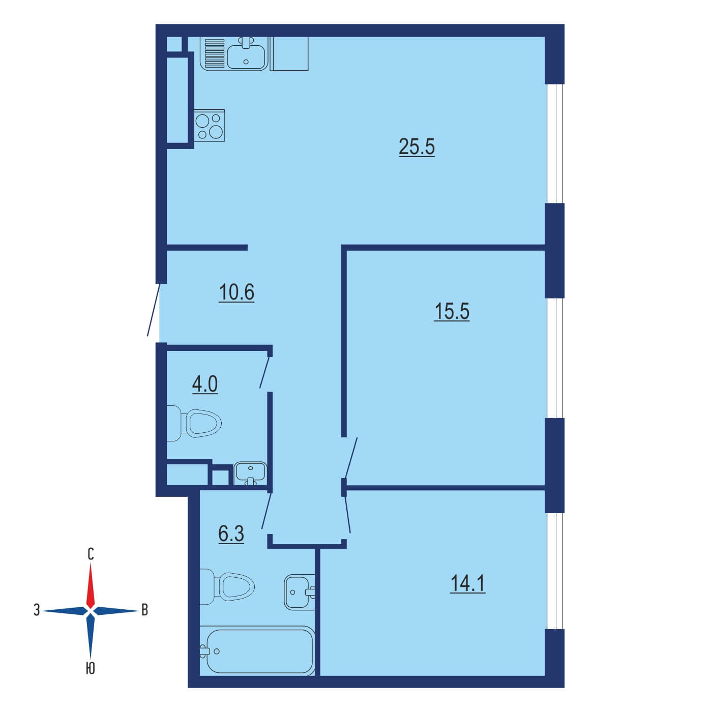 Планировка 2х комнатной квартиры 75.20м² на 3 этаже в ЖК Остров