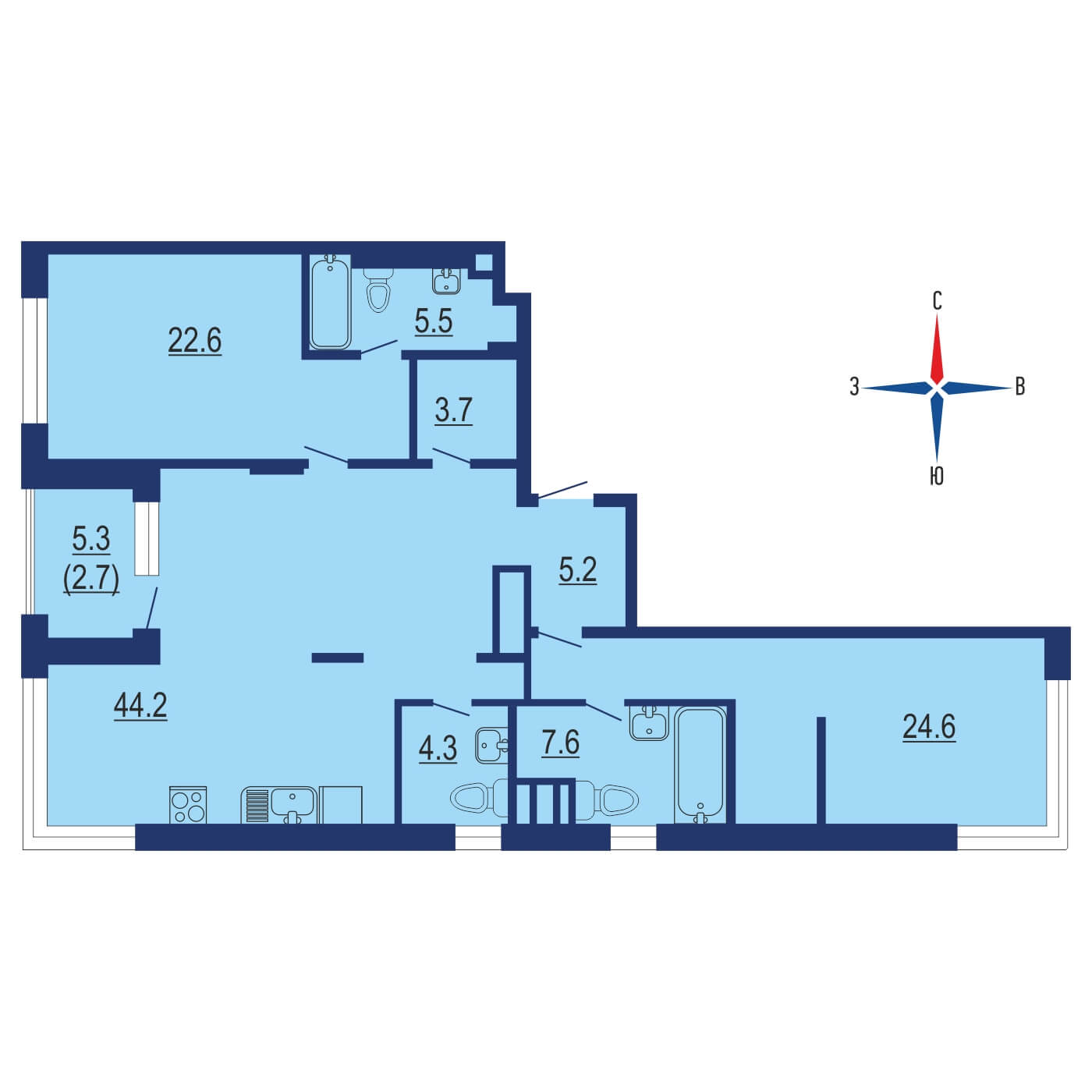 Планировка 4х комнатной квартиры 103.20м² на 8 этаже в ЖК Остров