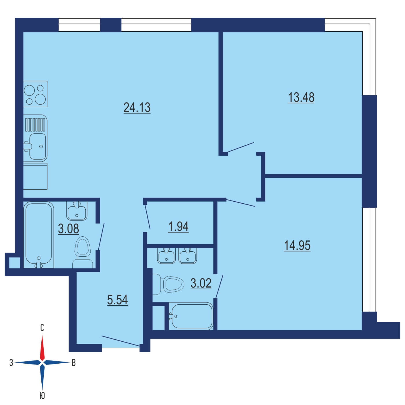Планировка 2х комнатной квартиры 61.00м² на 2 этаже в ЖК Павелецкая Сити