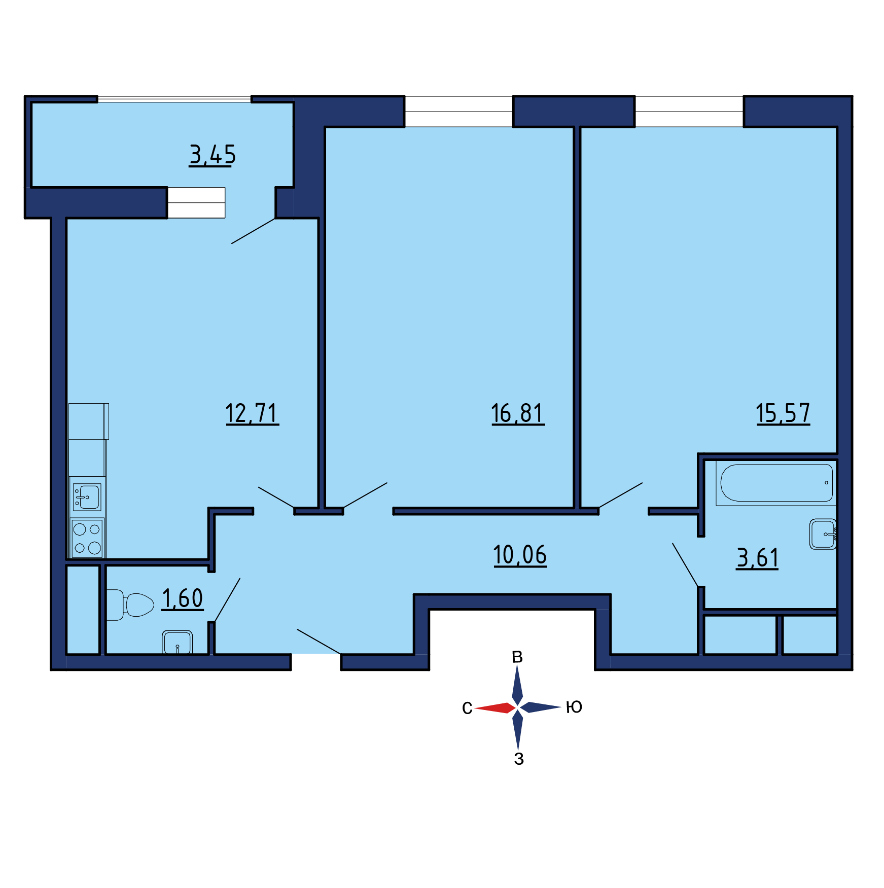 Планировка 4х комнатной квартиры 112.56м² на 16 этаже в ЖК Весна (Апрелевка)
