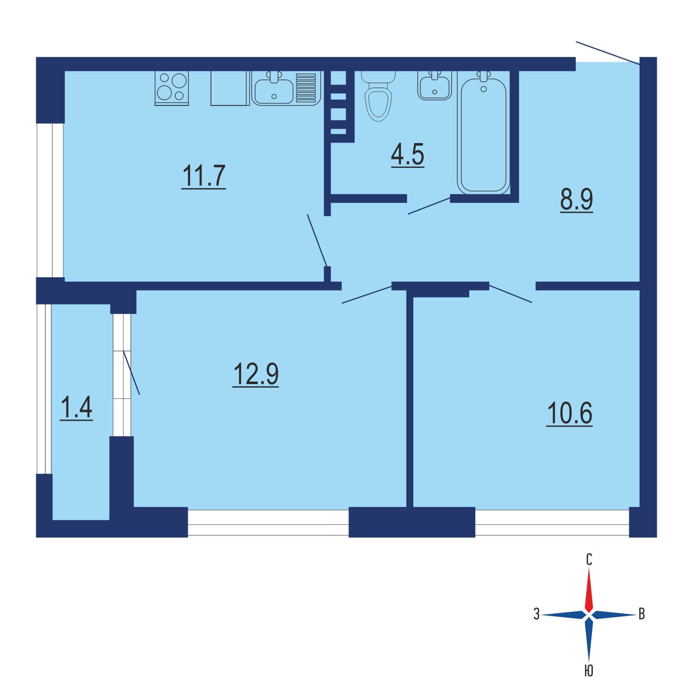 Планировка 2х комнатной квартиры 50.10м² на 6 этаже в Жилой район Прокшино