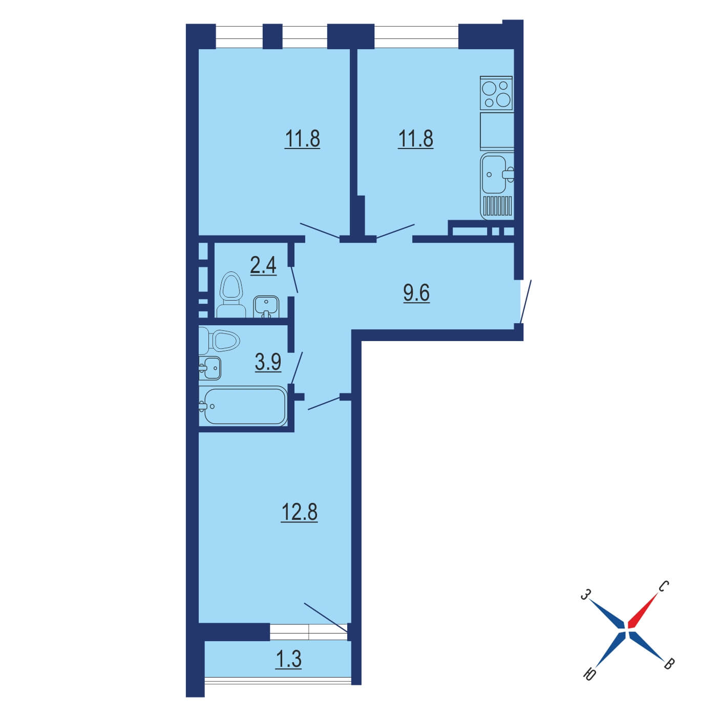 Планировка 2х комнатной квартиры 54.00м² на 6 этаже в Жилой район Прокшино