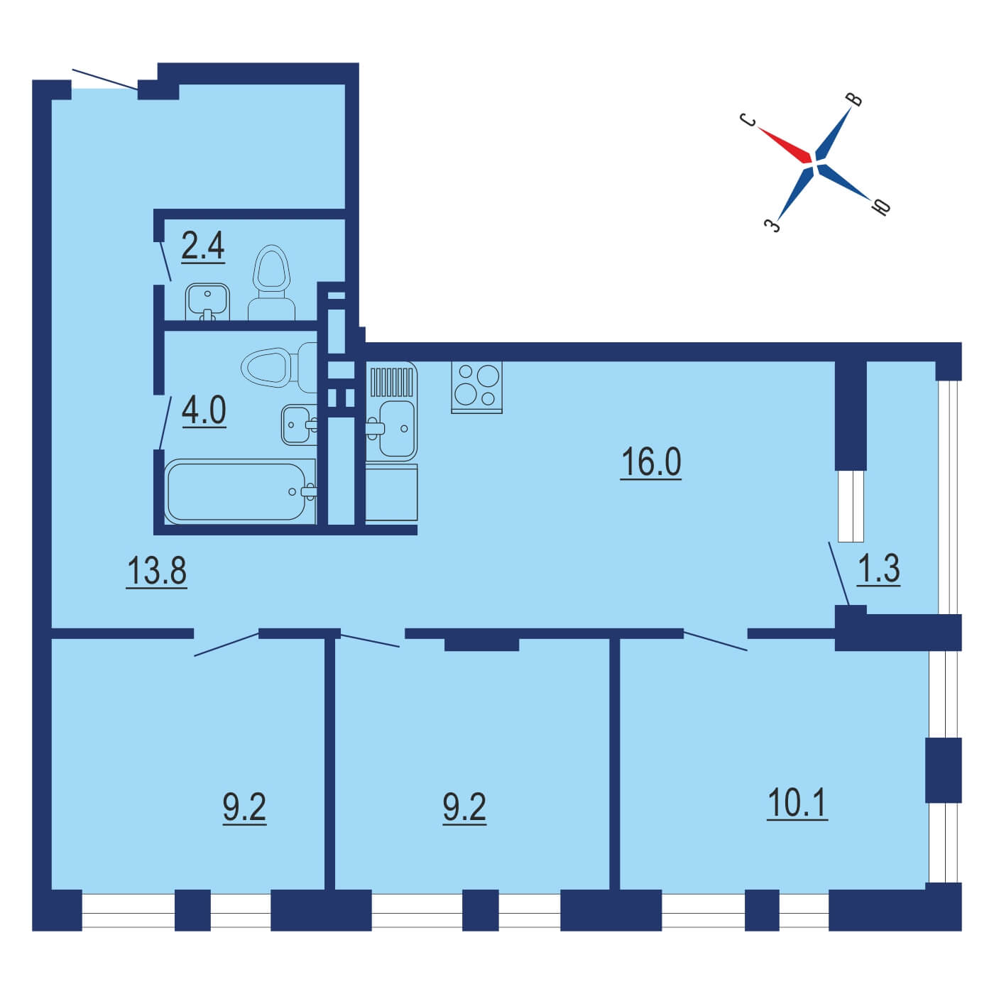 Планировка 3х комнатной квартиры 66.00м² на 8 этаже в Жилой район Прокшино