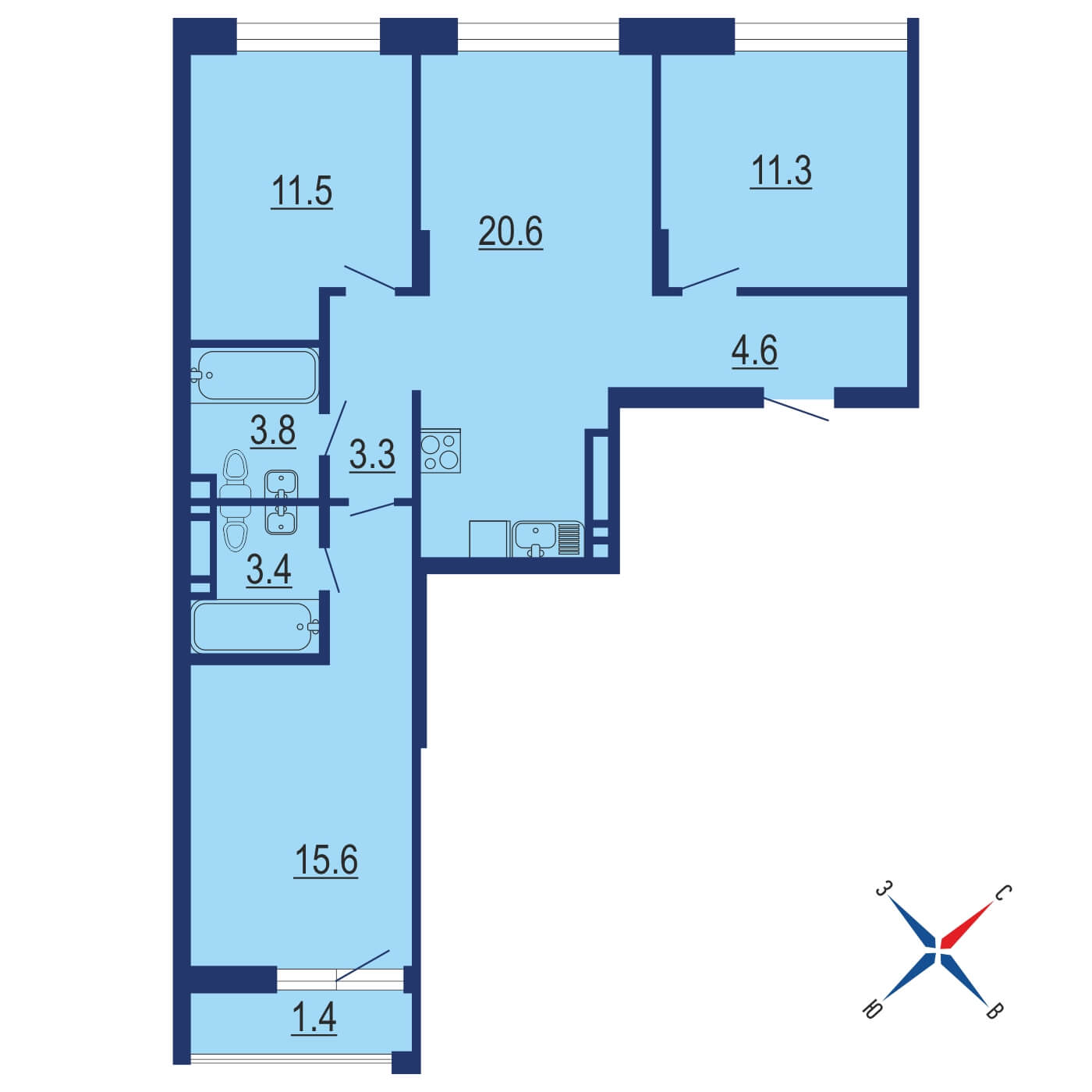 Планировка 3х комнатной квартиры 74.20м² на 12 этаже в Жилой район Прокшино