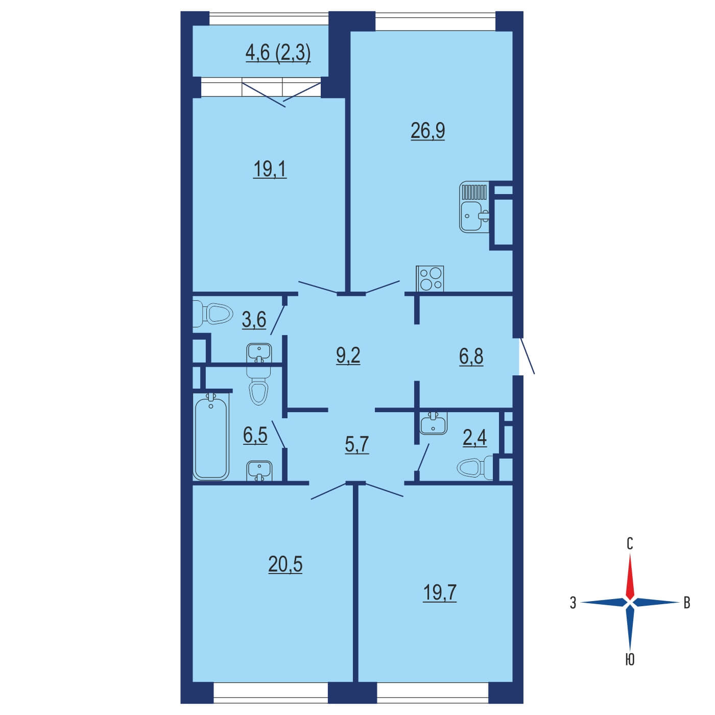 Планировка 3х комнатной квартиры 126.10м² на 5 этаже в ЖК Река