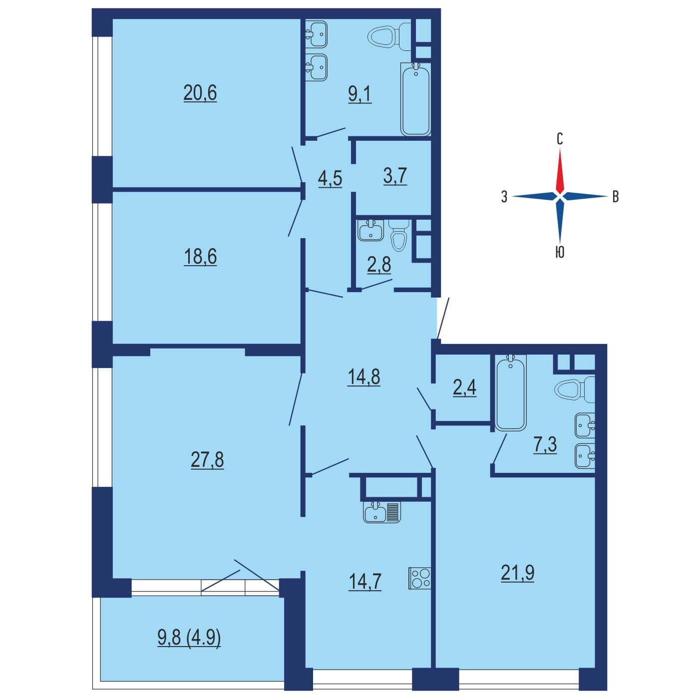 Планировка 4х комнатной квартиры 170.00м² на 8 этаже в ЖК Река