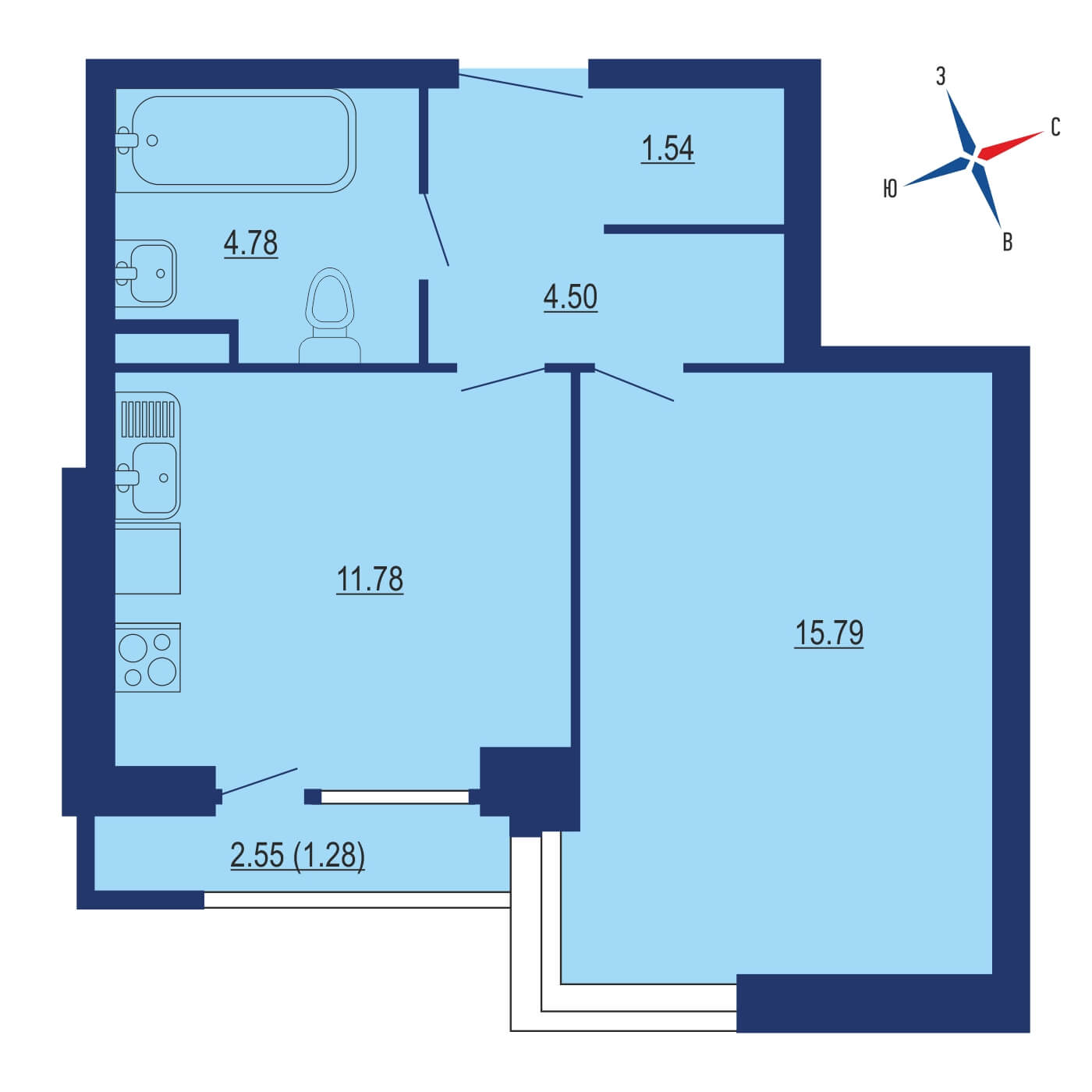 Планировка 1х комнатной квартиры 38.70м² на 16 этаже в ЖК River Sky (Ривер Скай)