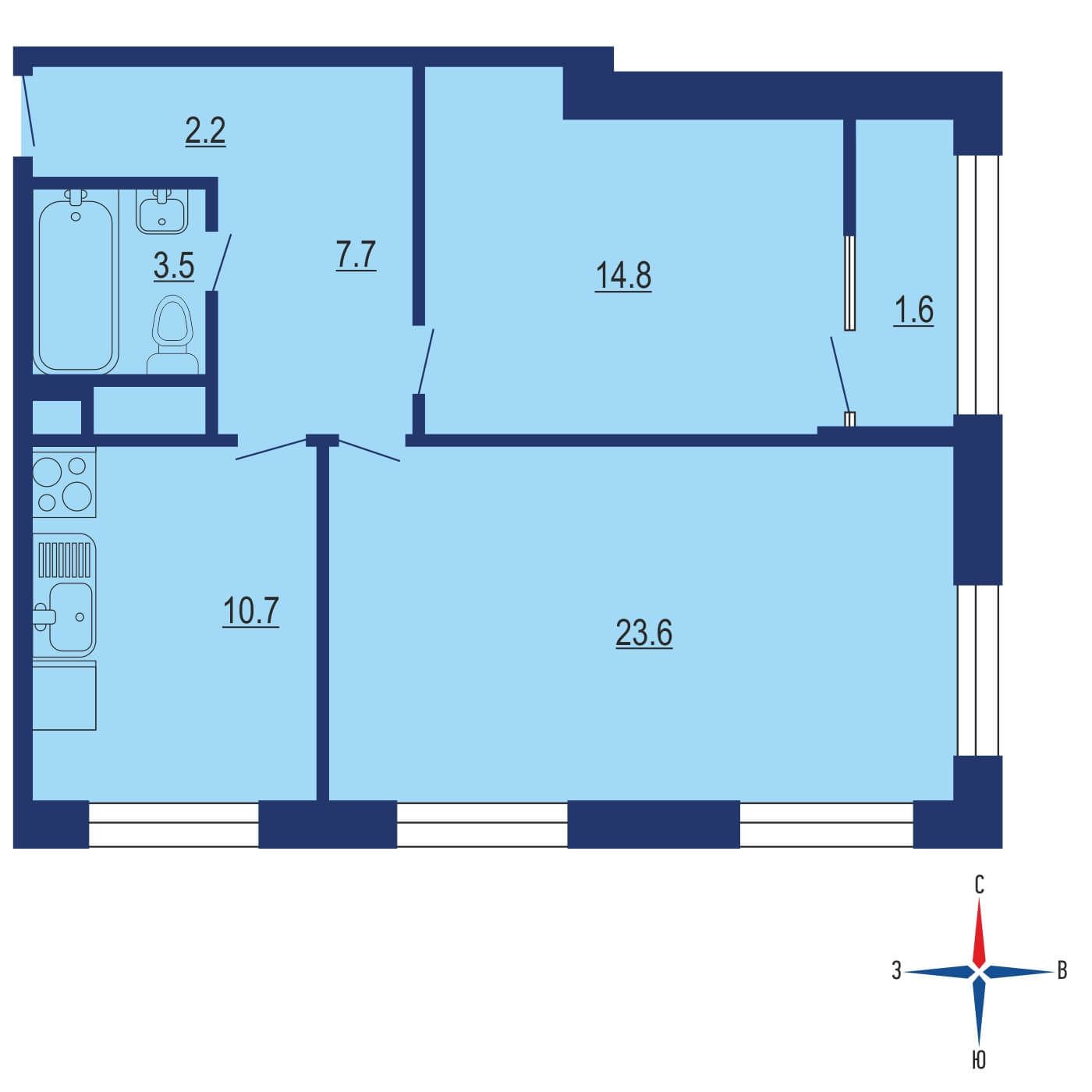 Планировка 2х комнатной квартиры 66.20м² на 4 этаже в ЖК Румянцево-Парк