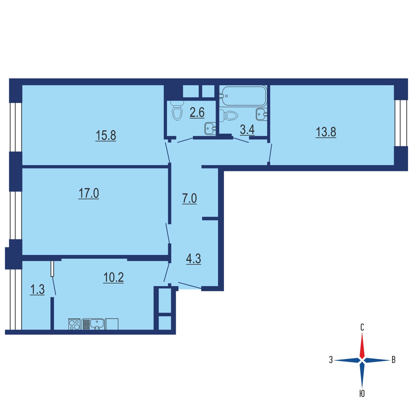 Планировка 3х комнатной квартиры 76.20м² на 12 этаже в ЖК Румянцево-Парк