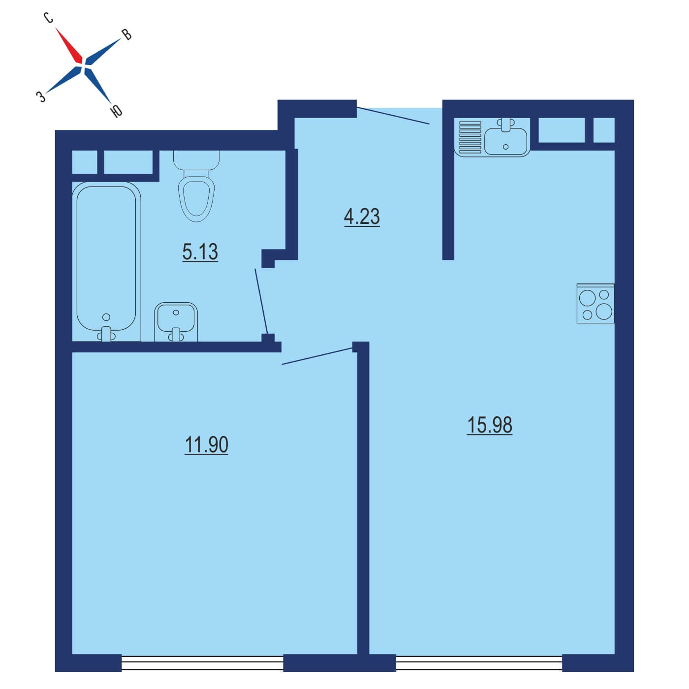 Планировка 1х комнатной квартиры 39.00м² на 10 этаже в ЖК Селигер Сити