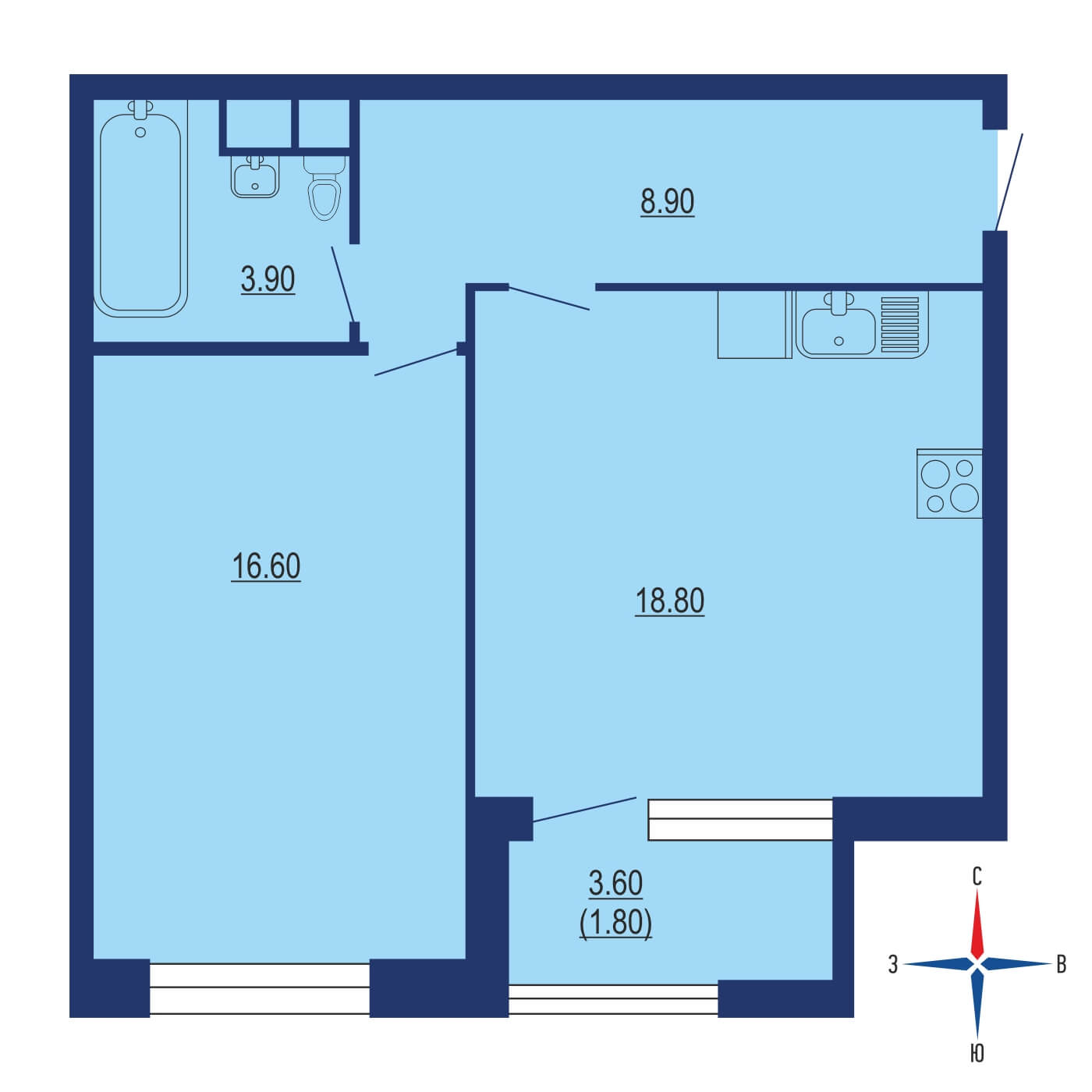 Планировка 1х комнатной квартиры 50.00м² на 13 этаже в ЖК Серебряный фонтан