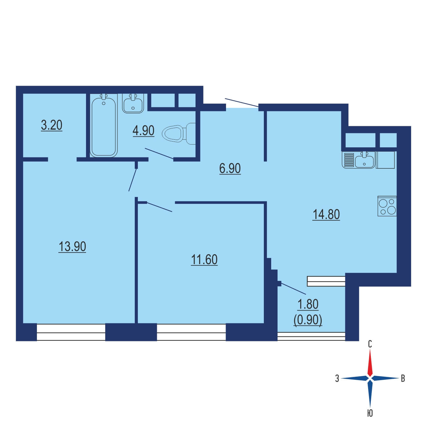 Планировка 2х комнатной квартиры 55.80м² на 18 этаже в ЖК Серебряный фонтан