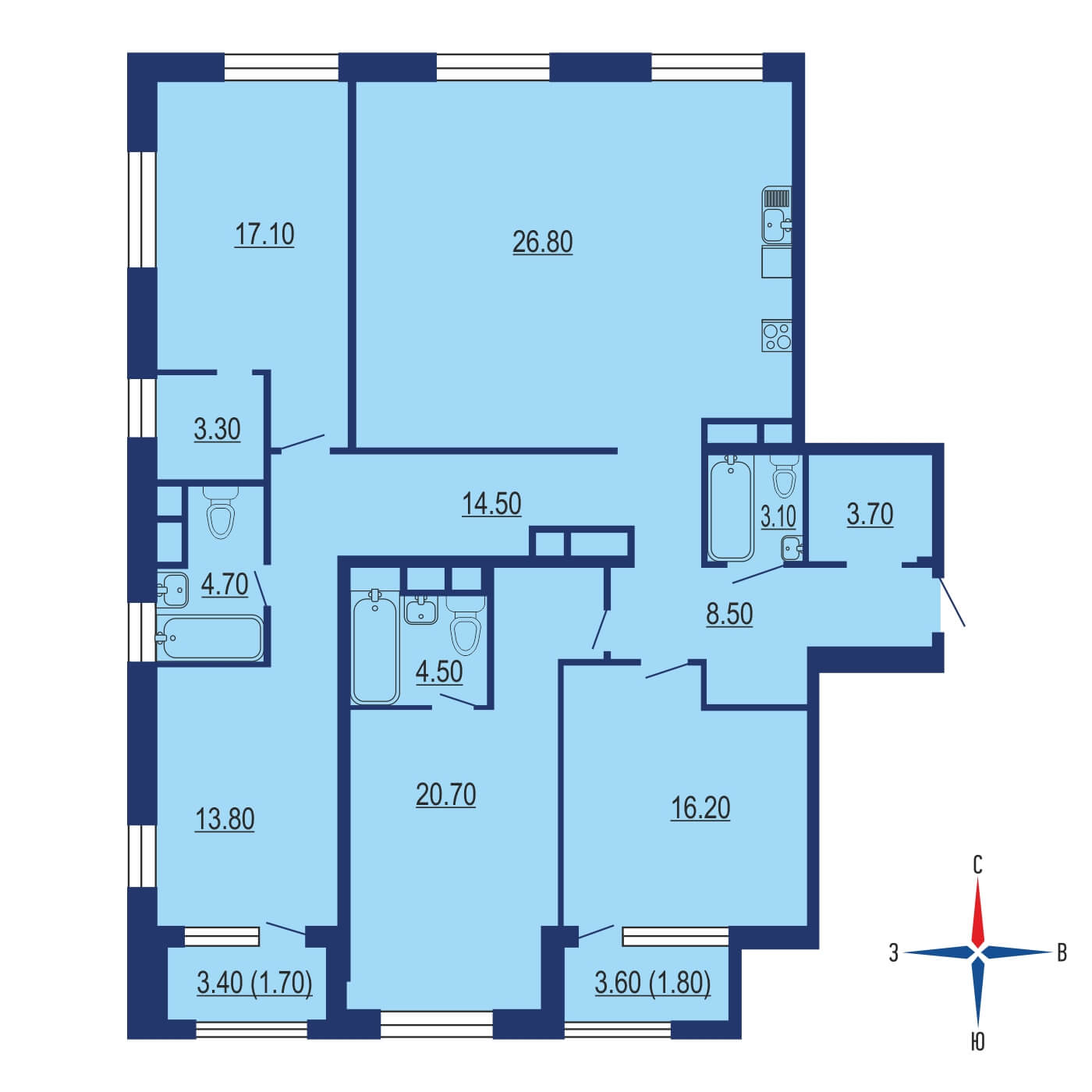Планировка 4х комнатной квартиры 151.70м² на 19 этаже в ЖК Серебряный фонтан