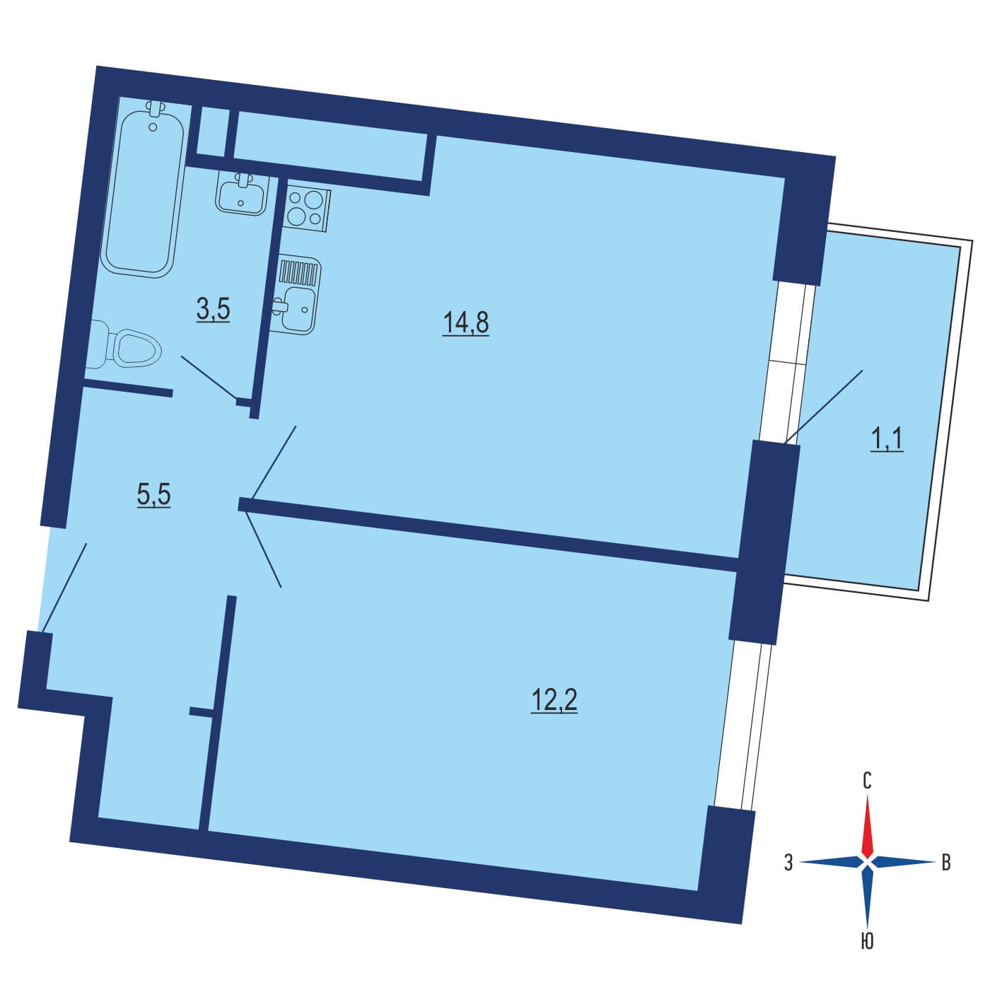 Планировка 1х комнатной квартиры 43.60м² на 3 этаже в ЖК Символ