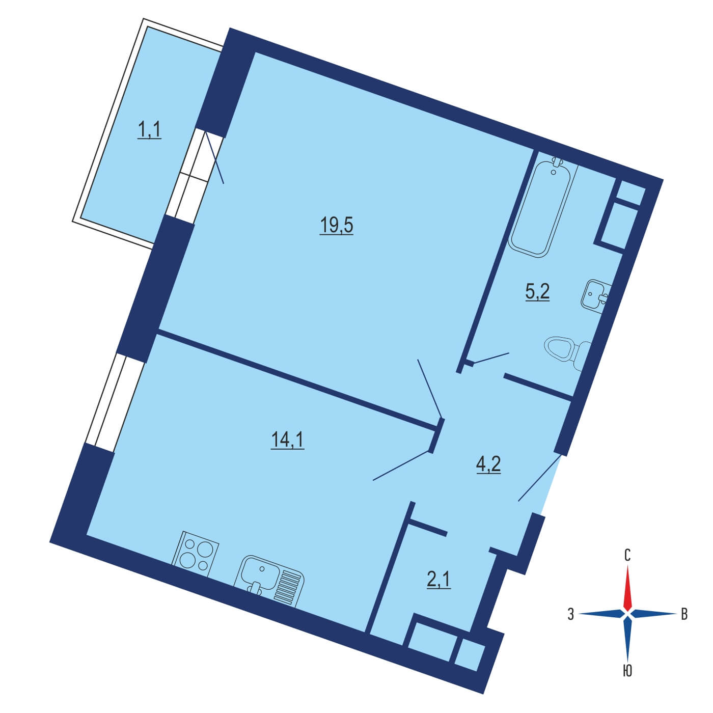 Планировка 1х комнатной квартиры 46.20м² на 3 этаже в ЖК Символ