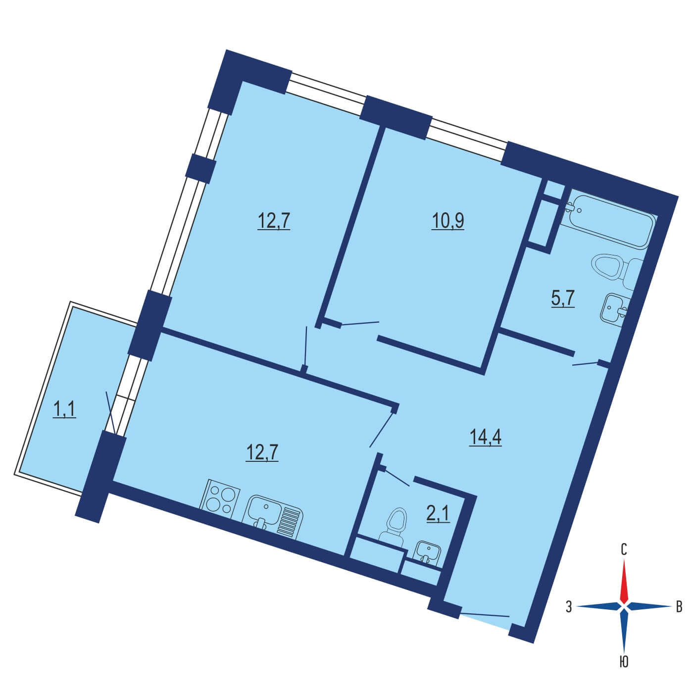 Планировка 2х комнатной квартиры 64.90м² на 8 этаже в ЖК Символ