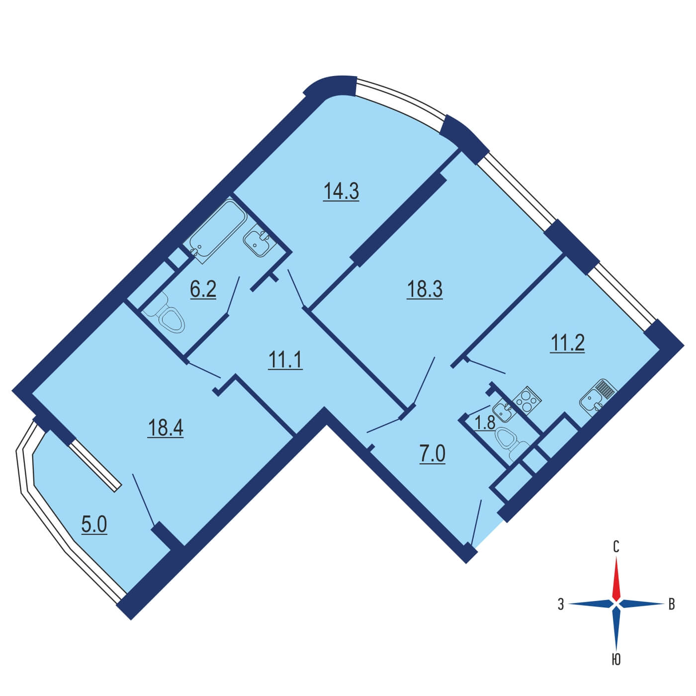 Планировка 3х комнатной квартиры 83.30м² на 10 этаже в ЖК Символ