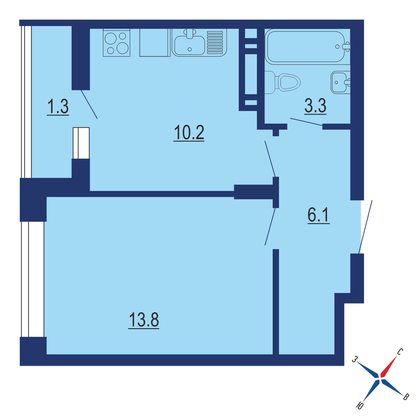 Планировка 1х комнатной квартиры 35.50м² на 8 этаже в Жилой район Скандинавия