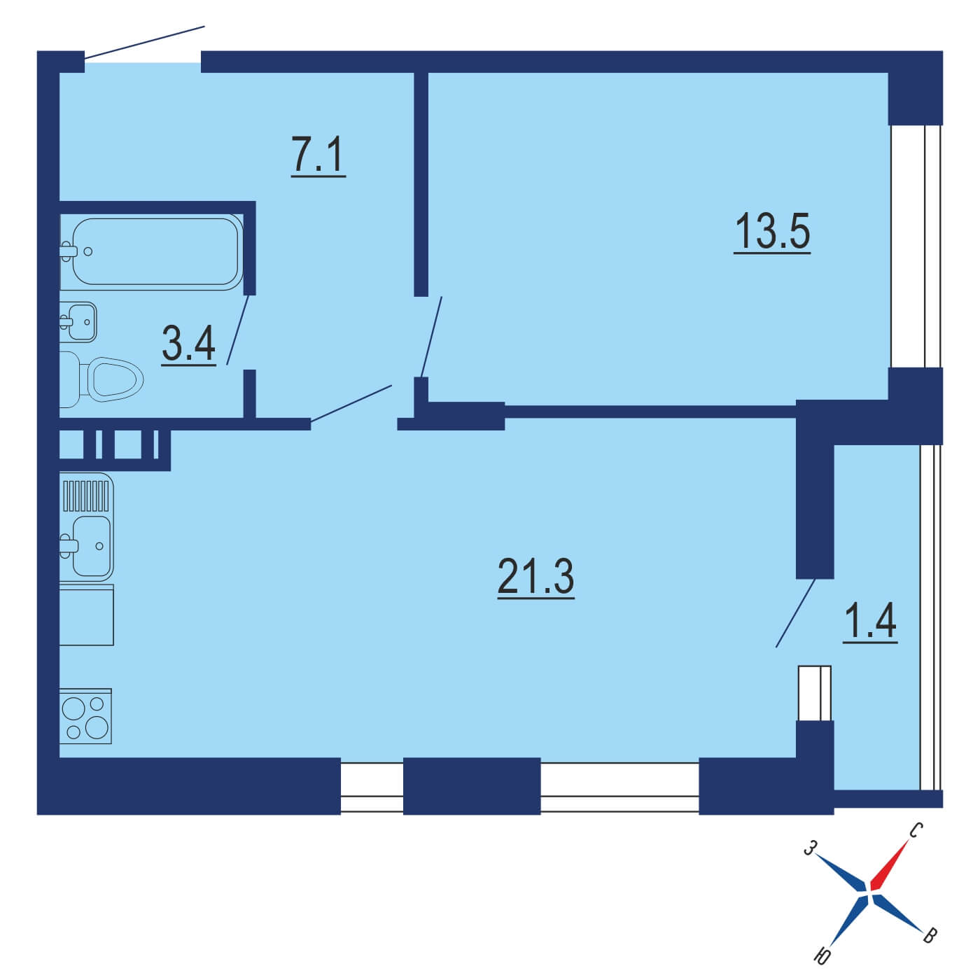 Планировка 1х комнатной квартиры 37.40м² на 12 этаже в Жилой район Скандинавия