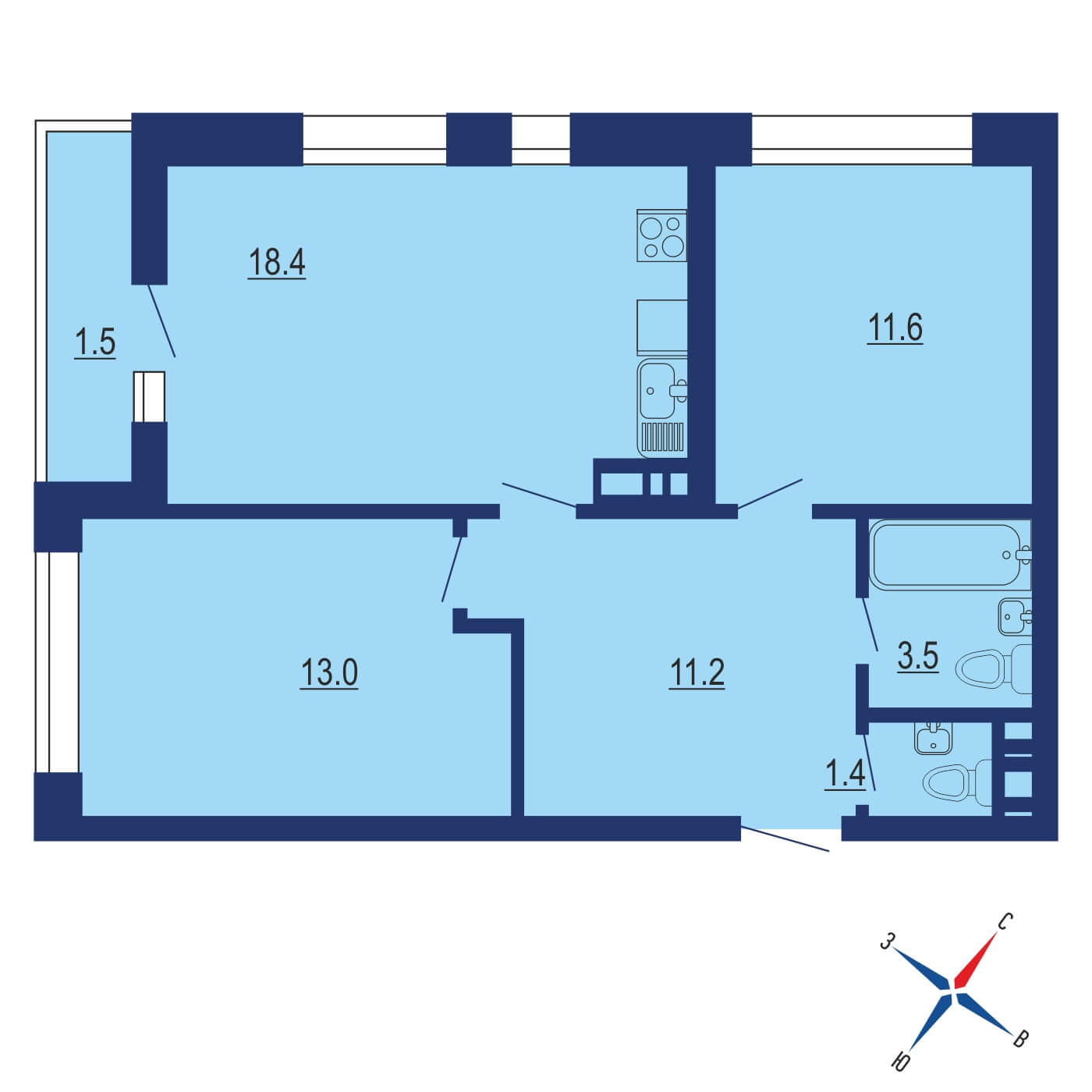 Планировка 4х комнатной квартиры 64.60м² на 6 этаже в Жилой район Скандинавия